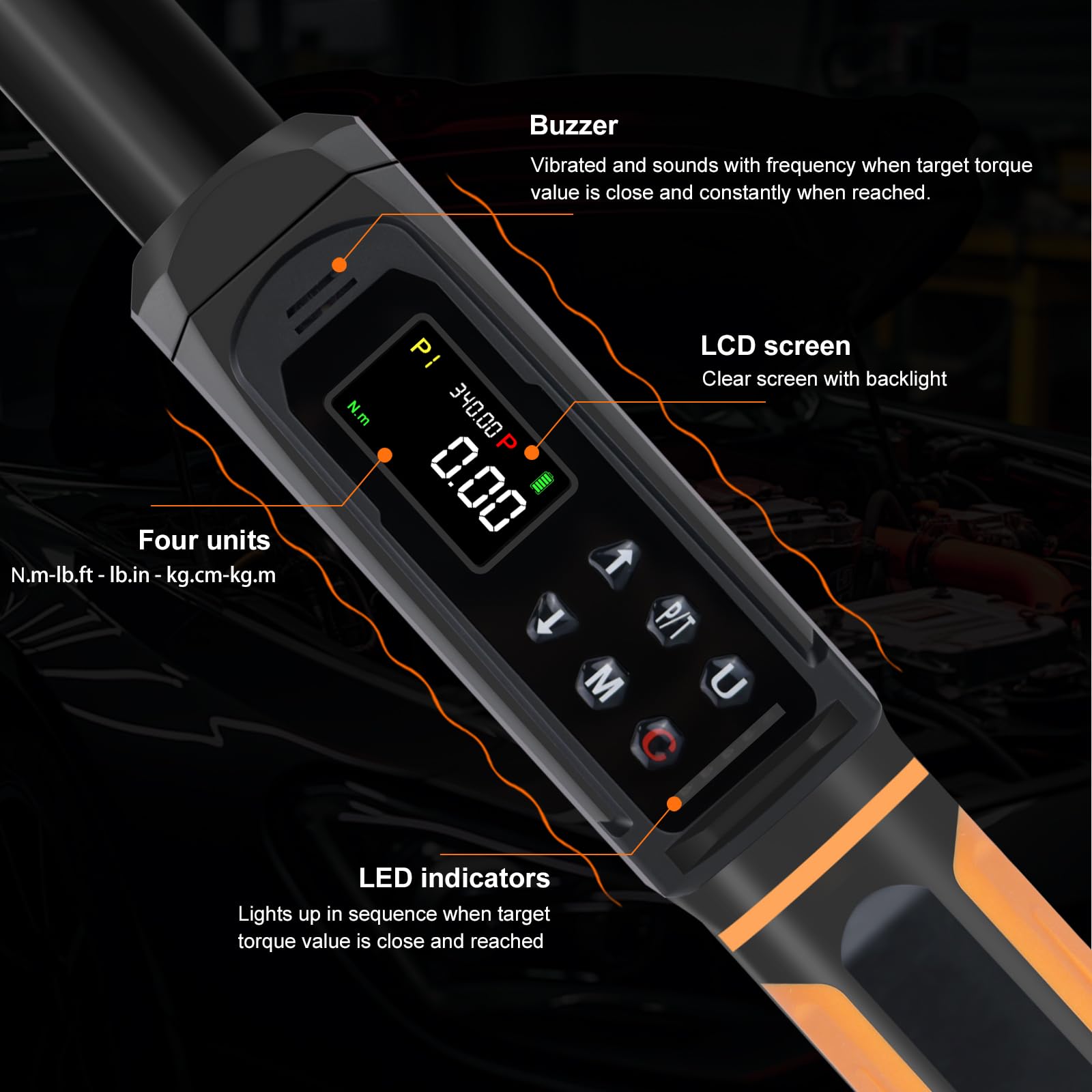 Uharbour torque wrench shows LED and buzzer for clear alerts.