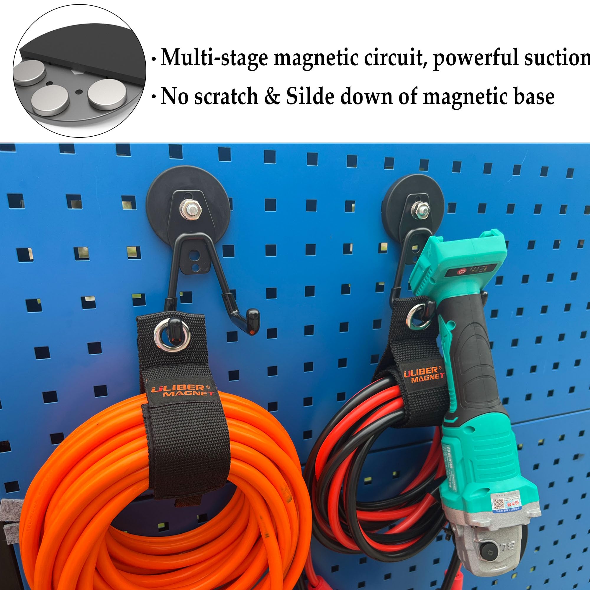 ULIBERMAGNET magnetic hook holding hose and tools in a tidy garage