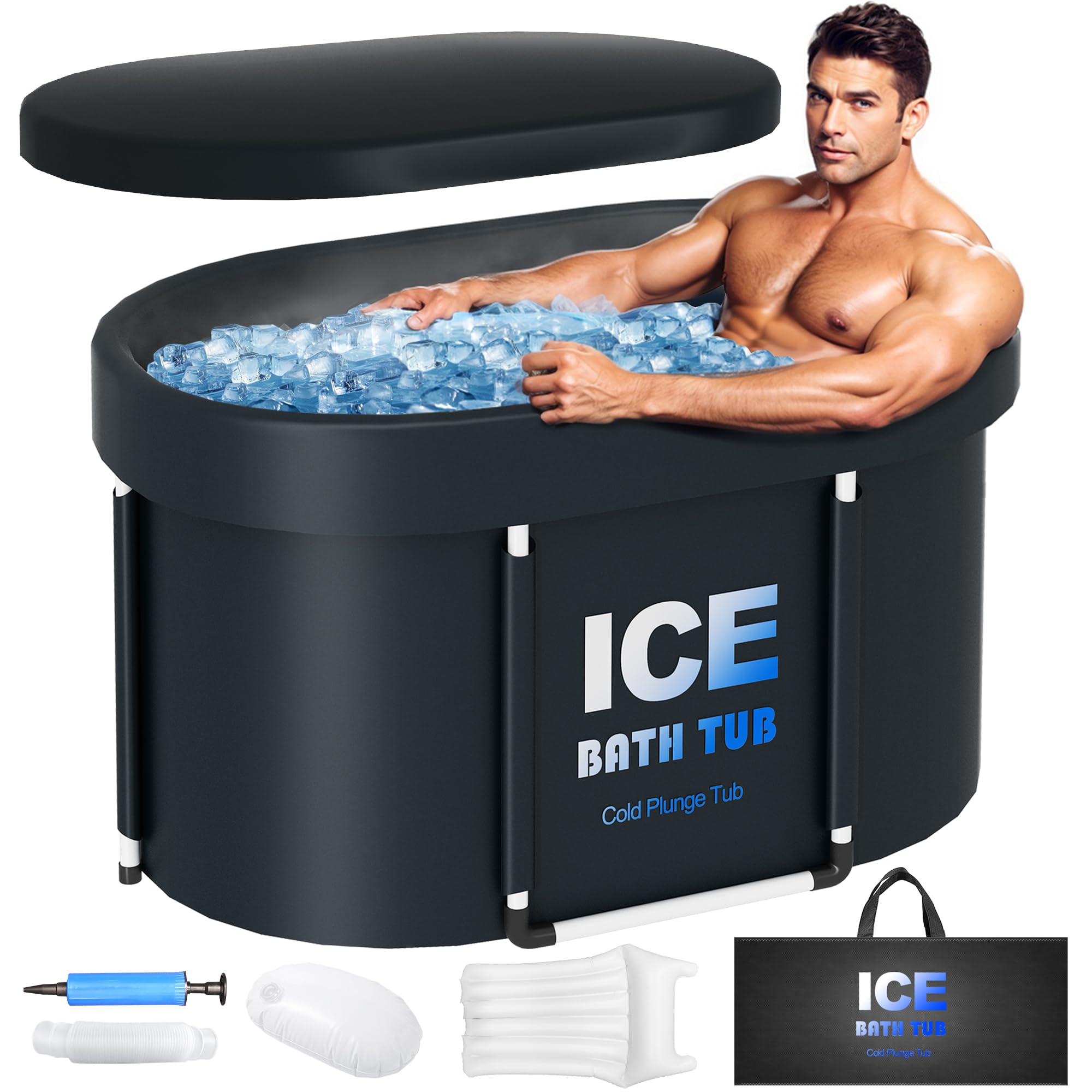 Uineragi oval ice bath tub cover preserves warmth and protects the tub outdoors.