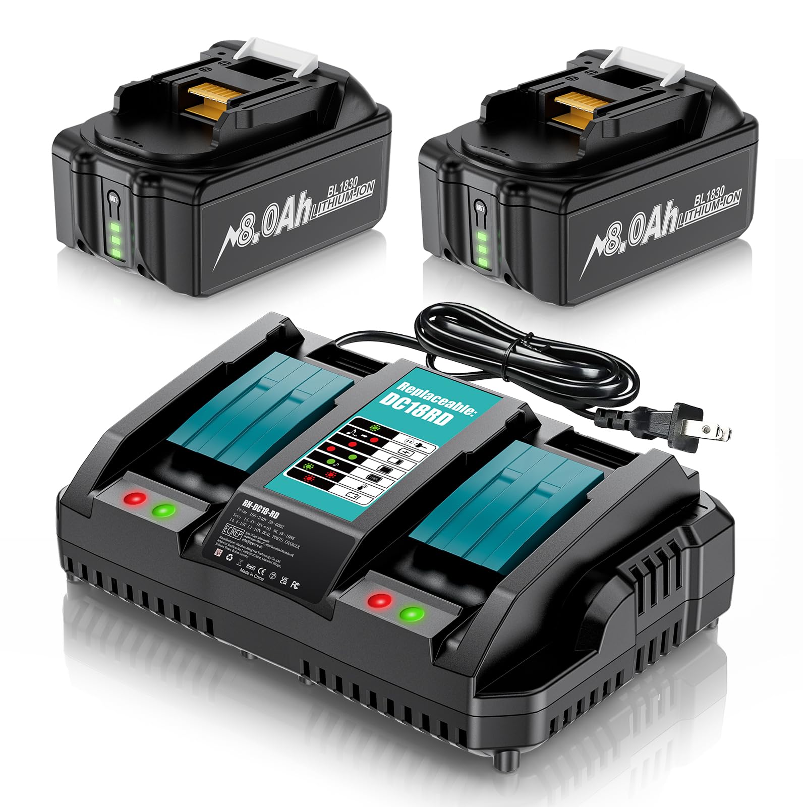 Uionvot 2-pack 8.0Ah battery with LED indicator for Makita 18V tools