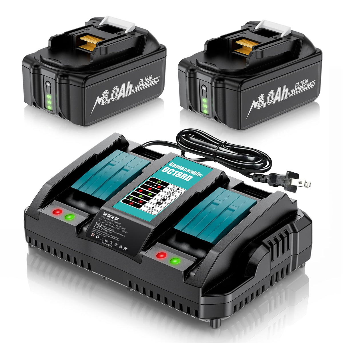 Uionvot 2-pack 8.0Ah battery with LED indicator for Makita 18V tools