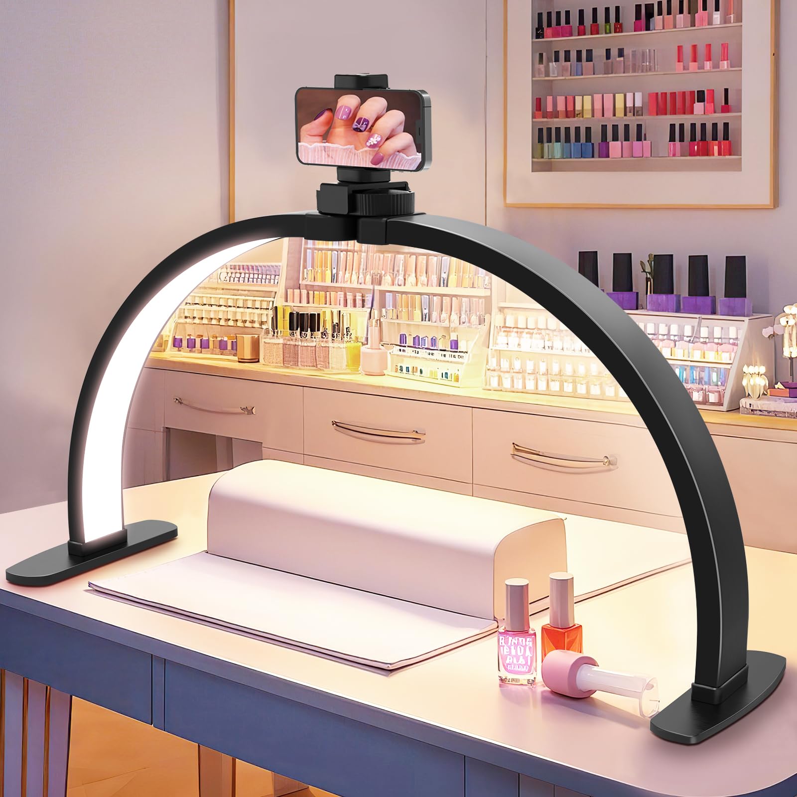 Uiopy Half Moon Light nail desk arch lamp offers shadow-free precision for nail art.