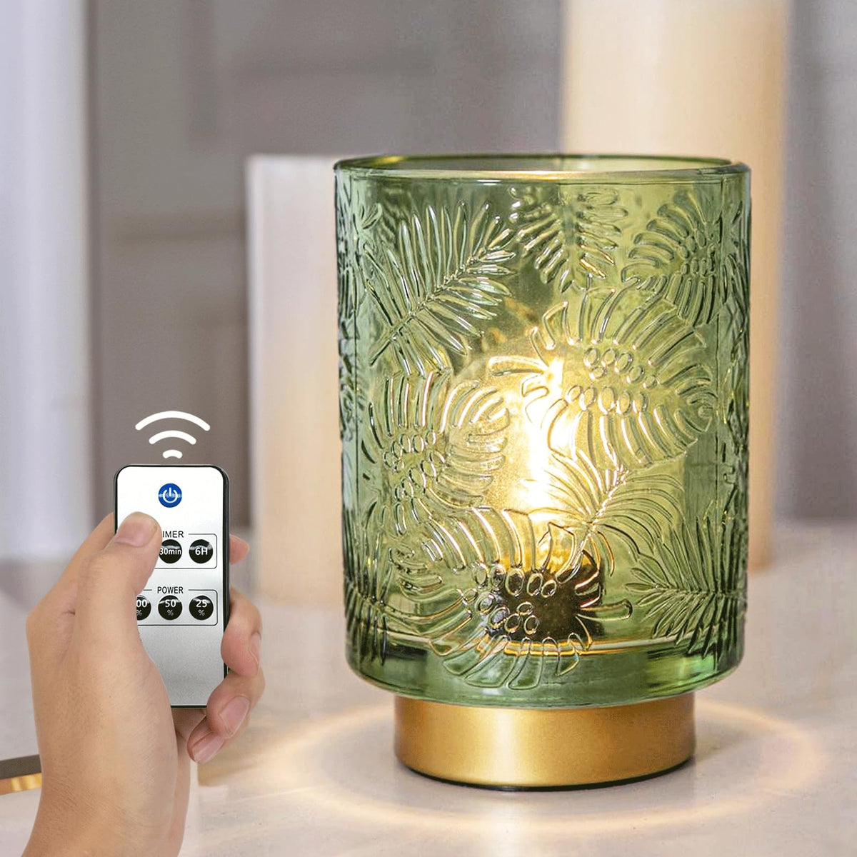 ULAROOM Jade Green battery lamp with glass detail creating soft ambient light