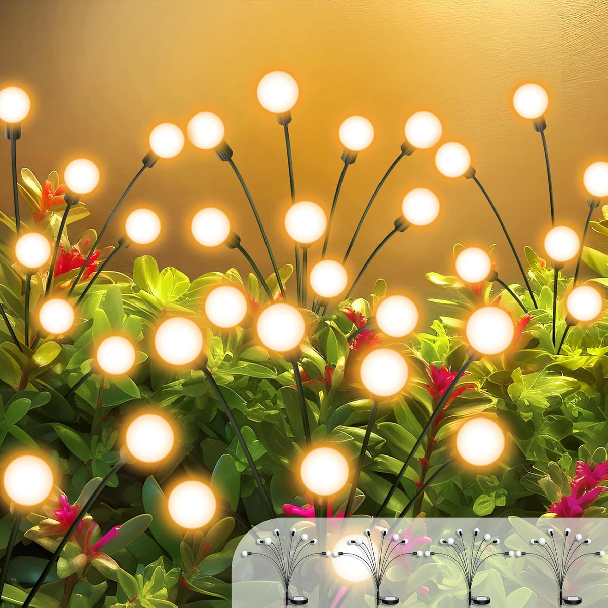 ULAIYO vibrant solar garden lights illuminate paths with swaying firefly LEDs.