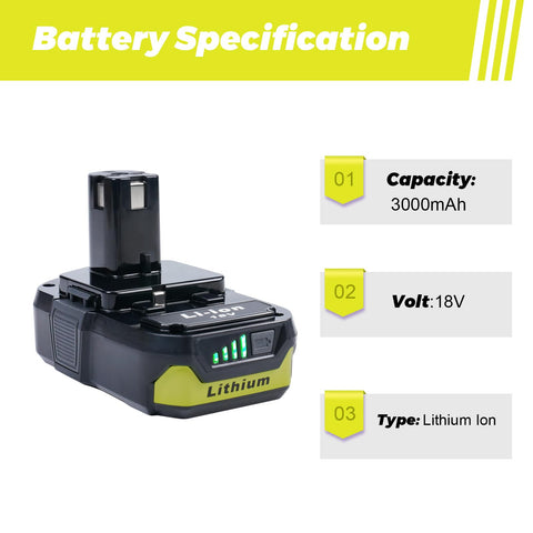 ULDERTRA 3.0Ah Ryobi 18V battery, side view, slim profile for balance.