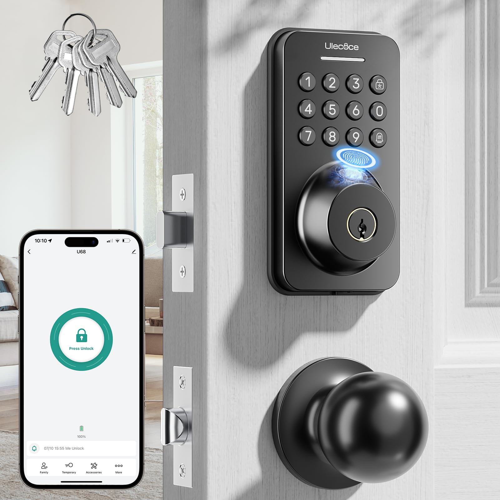 Ulecoce fingerprint keypad deadbolt on front door enables quick, secure entry.