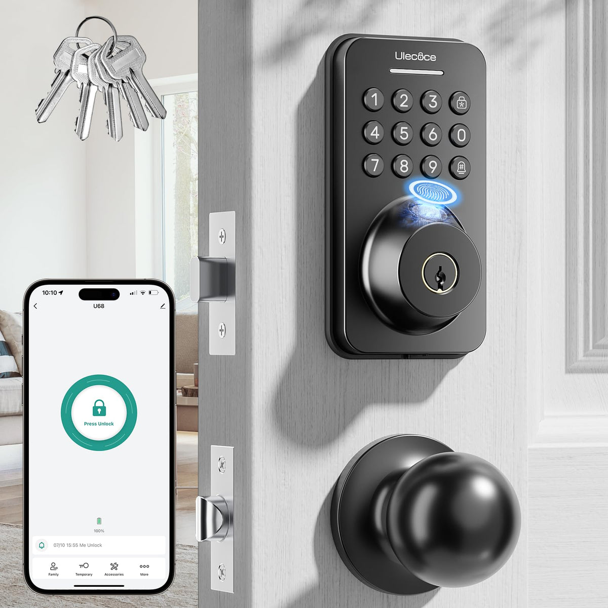 Ulecoce fingerprint keypad deadbolt on front door enables quick, secure entry.