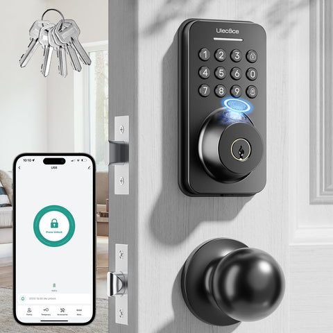 Ulecoce fingerprint keypad deadbolt on front door enables quick, secure entry.