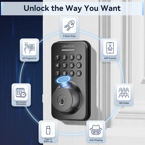 Ulecoce handle-set smart lock close-up showcases contemporary design and comfortable grip.