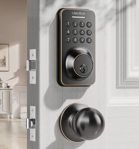 Ulecoce keyless entry deadbolt handle on the front door for secure, keyless entry.