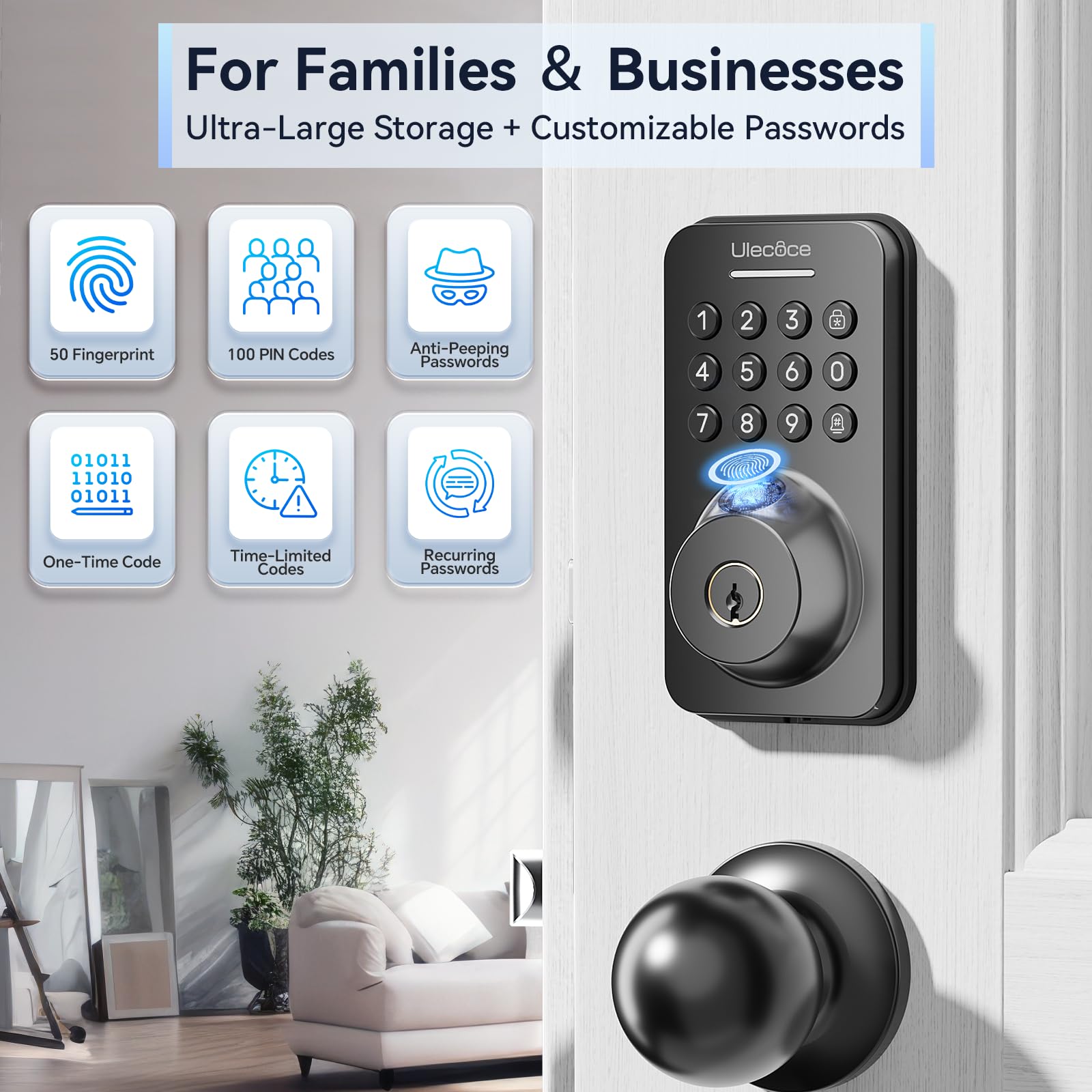 Ulecoce keypad passcode image showing multiple unlock methods for flexible access.
