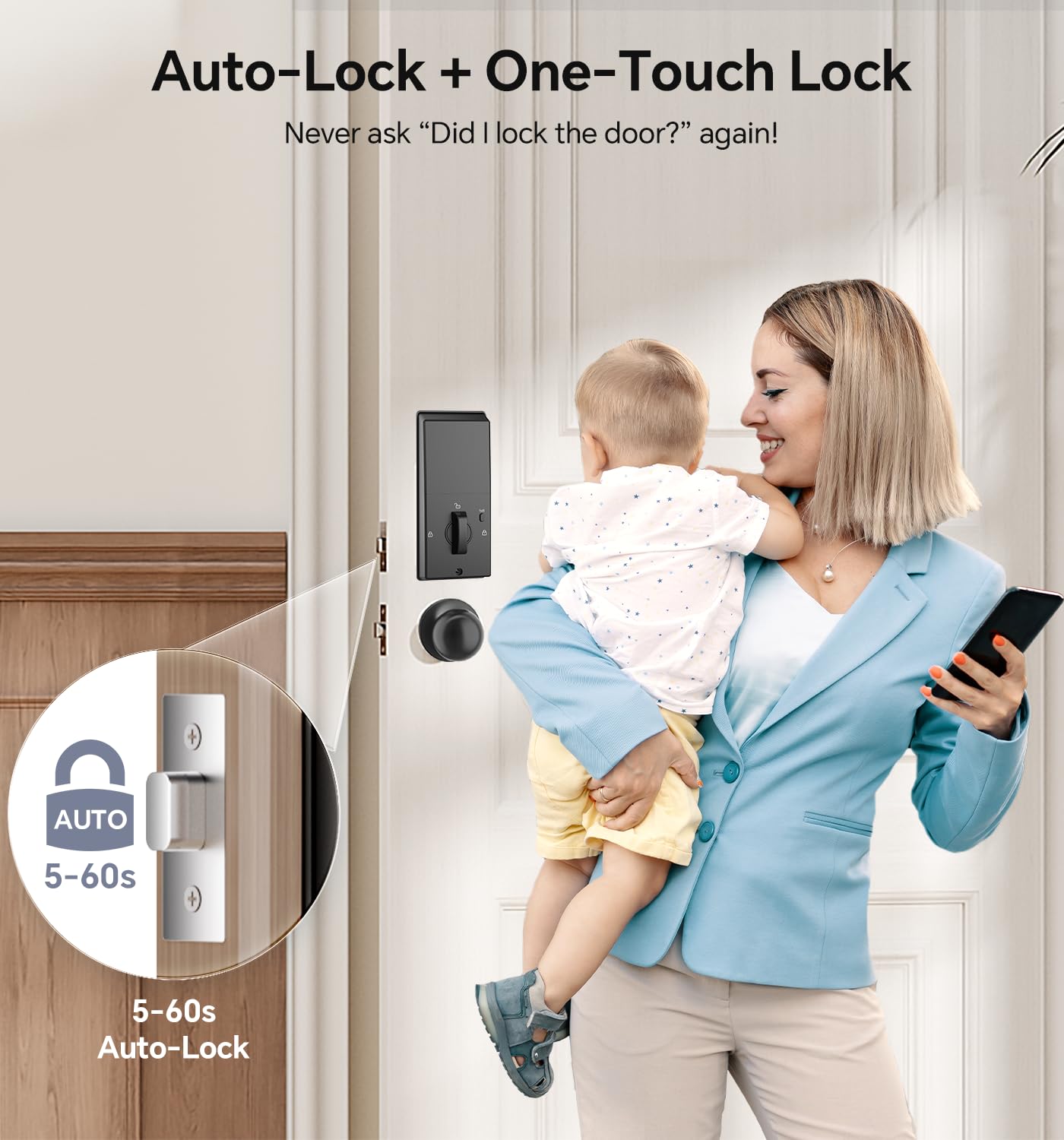 Ulecoce smart-lock interior panel action highlights quick one-touch locking.