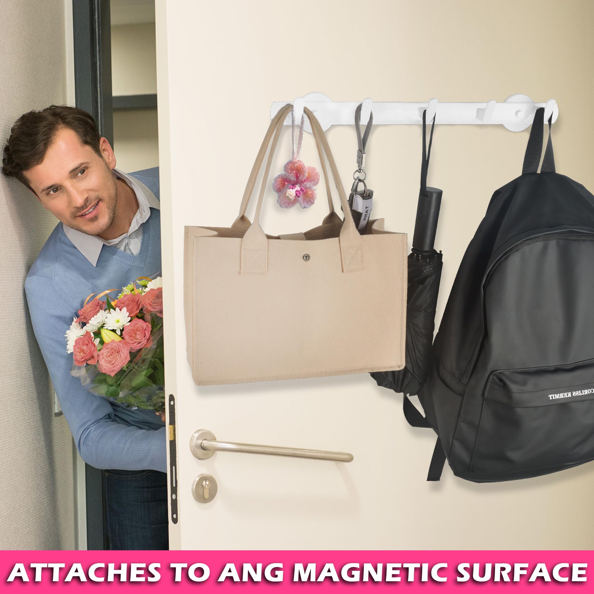 ULIBERMAGNET coat rack on fridge demonstrates strong magnetic hold without drilling.