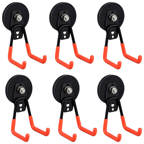 ULIBERMAGNET heavy-duty magnetic garage hooks in use for tool organization.