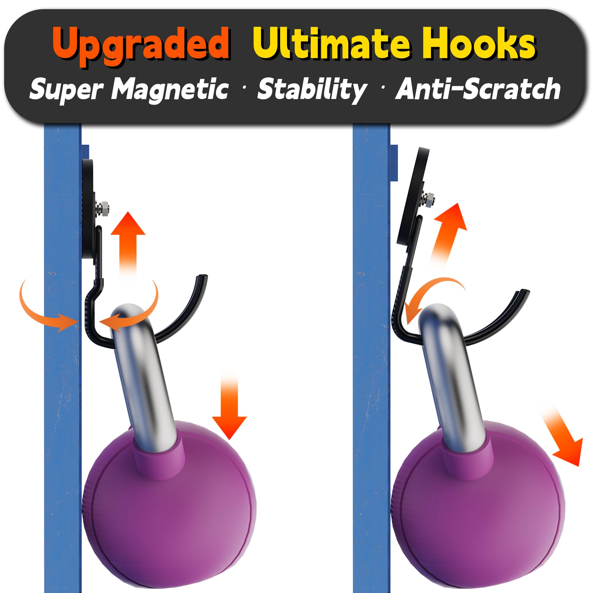 ULIBERMAGNET heavy-duty magnetic hook attached to metal surface in workshop.