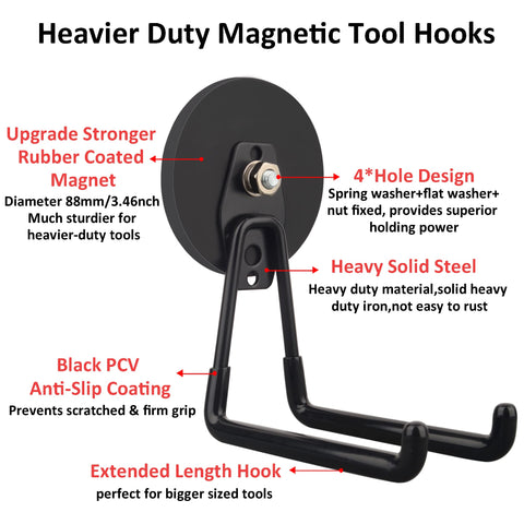 ULIBERMAGNET heavy-duty hooks attached to metal surface demonstrate secure load-bearing capacity.