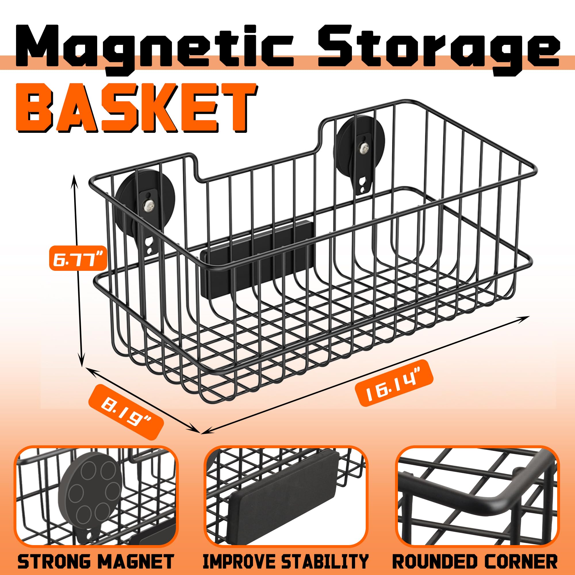 ULIBERMAGNET basket mounted on garage metal shelf for tools and parts