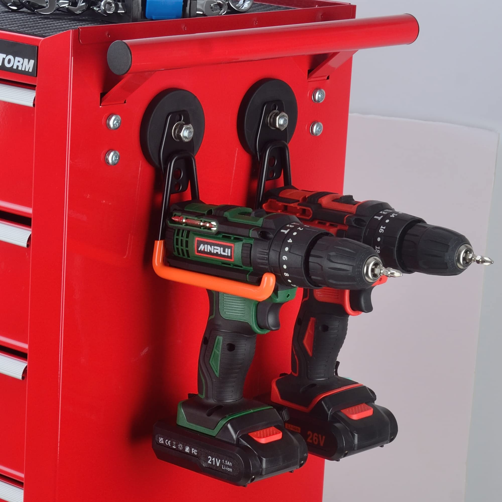 ULIBERMAGNET power tool organizer orange 2-pack hooks for secure garage storage.