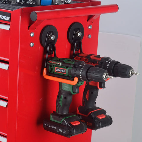 ULIBERMAGNET power tool organizer orange 2-pack hooks for secure garage storage.
