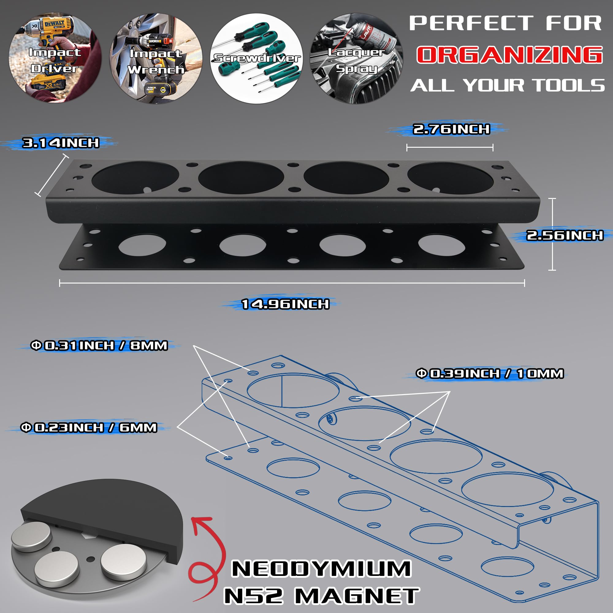ULIBERMAGNET wall-mount tool rack provides sturdy storage for drills and tools.