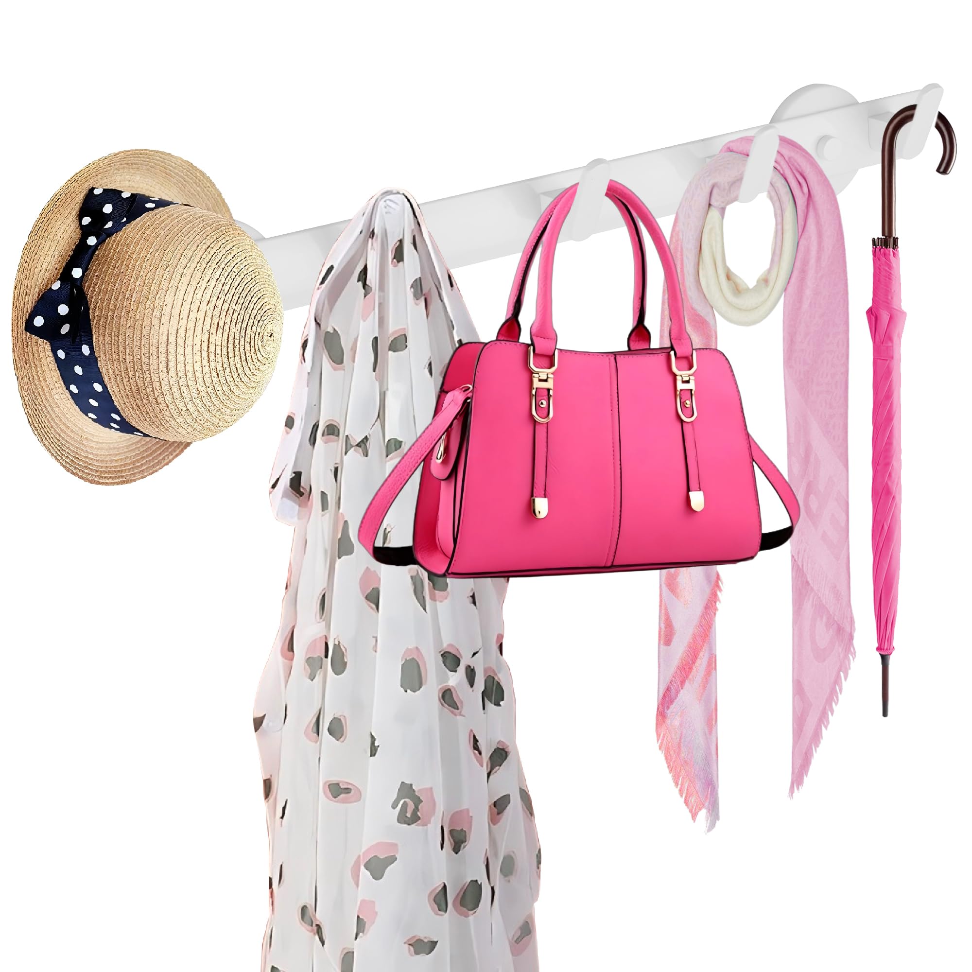 ULIBERMAGNET white coat rack with five hooks mounted on metal surface for clutter-free entryways.