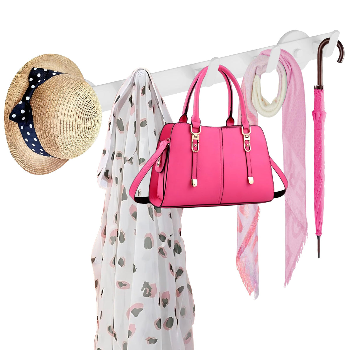 ULIBERMAGNET white coat rack with five hooks mounted on metal surface for clutter-free entryways.