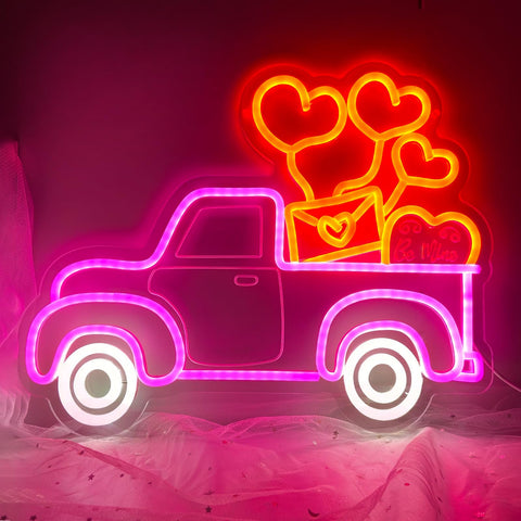 ULSLITYA Valentines Truck Heart neon sign front view with warm glow