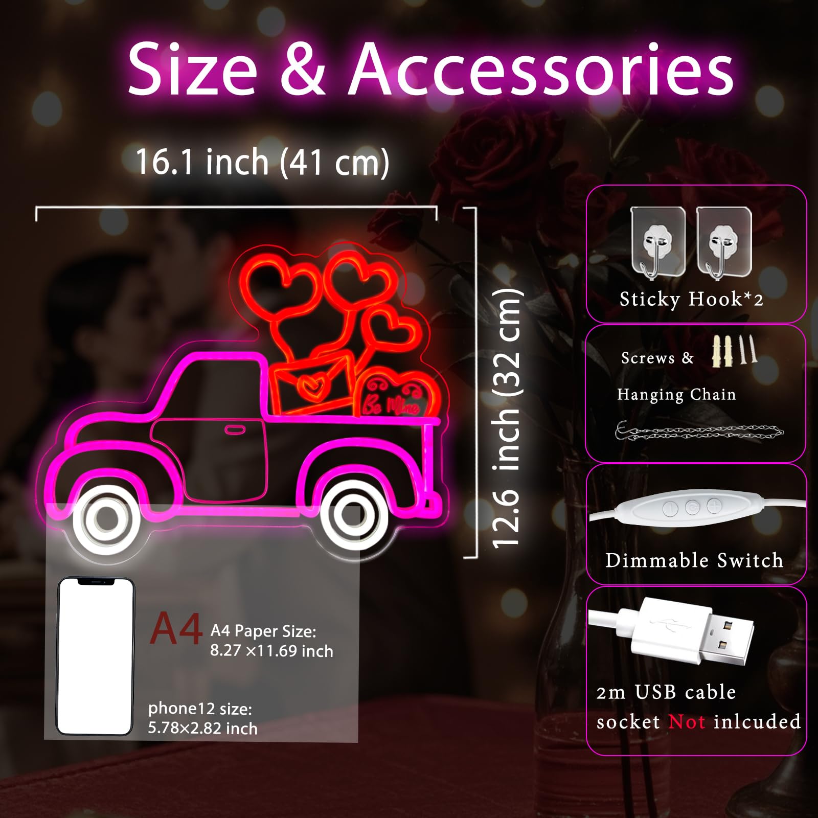 ULSLITYA Valentines Truck Heart neon sign includes mounting accessories