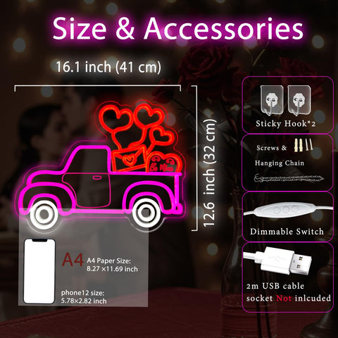 ULSLITYA Valentines Truck Heart neon sign includes mounting accessories