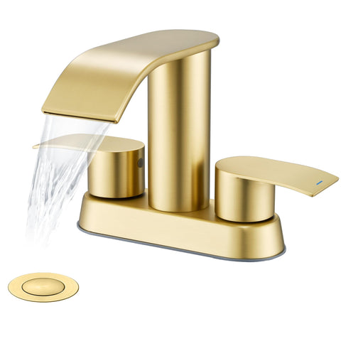 Ultimate Unicorn brushed gold faucet with waterfall spout enhances modern aesthetics.