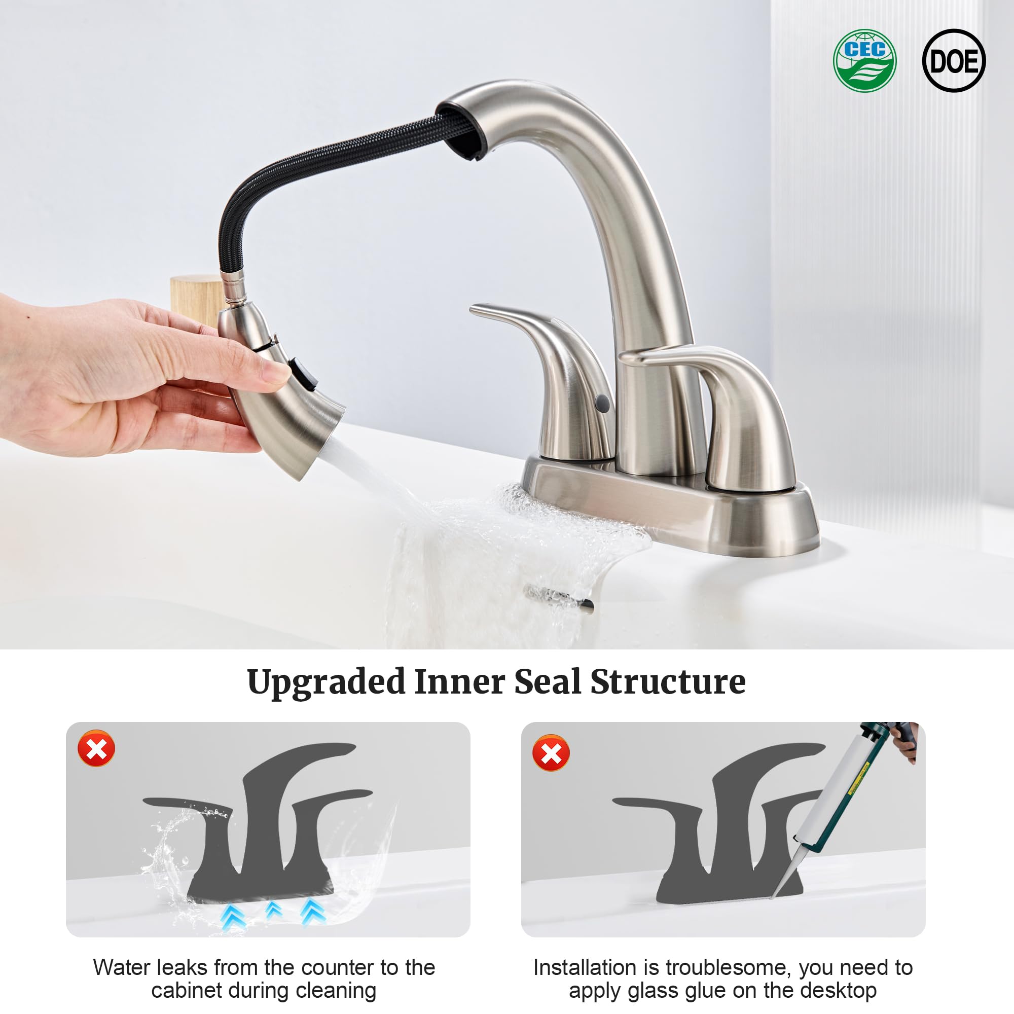 Ultimate Unicorn brushed-nickel faucet no-silicone-base for leak-free installation.