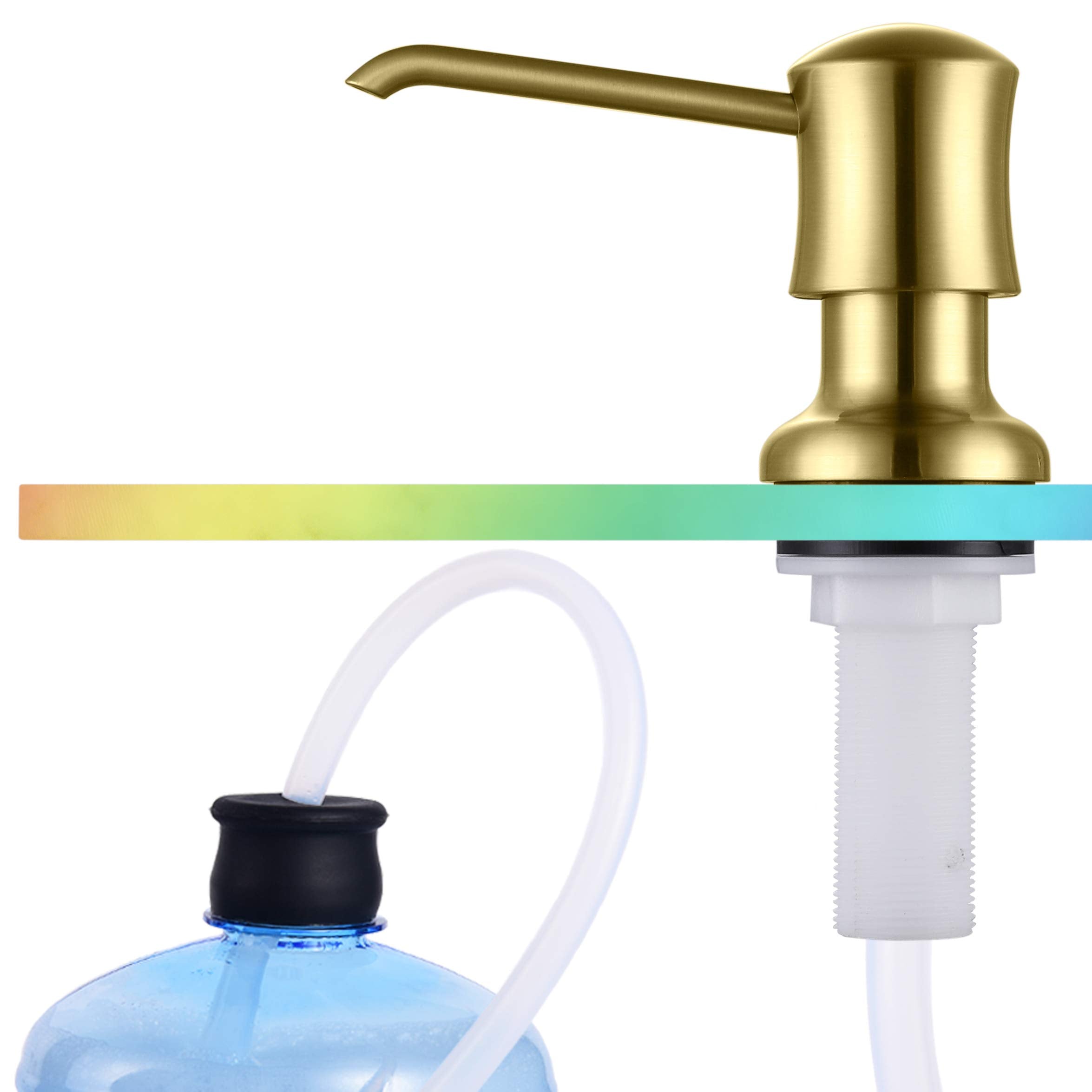 Ultimate Unicorn brushed gold sink soap dispenser enhances a stylish kitchen.