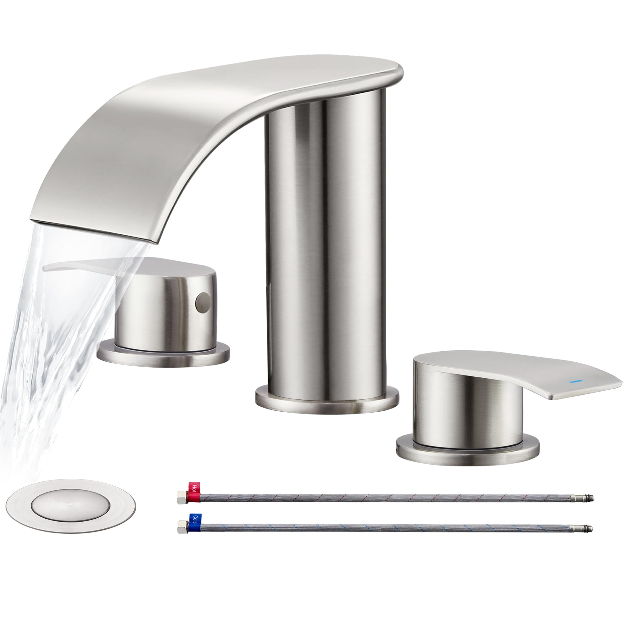 Ultimate Unicorn waterfall faucet in brushed nickel adds modern style to the vanity.