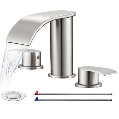 Ultimate Unicorn waterfall faucet in brushed nickel adds modern style to the vanity.