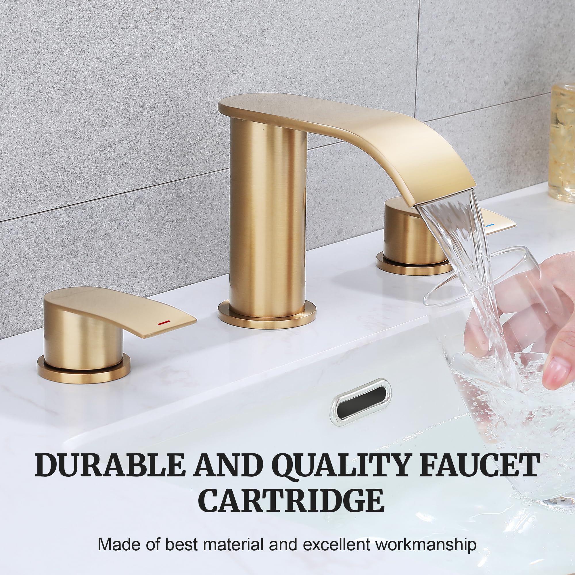 Ultimate Unicorn waterfall faucet close-up on handle showing champagne bronze finish.