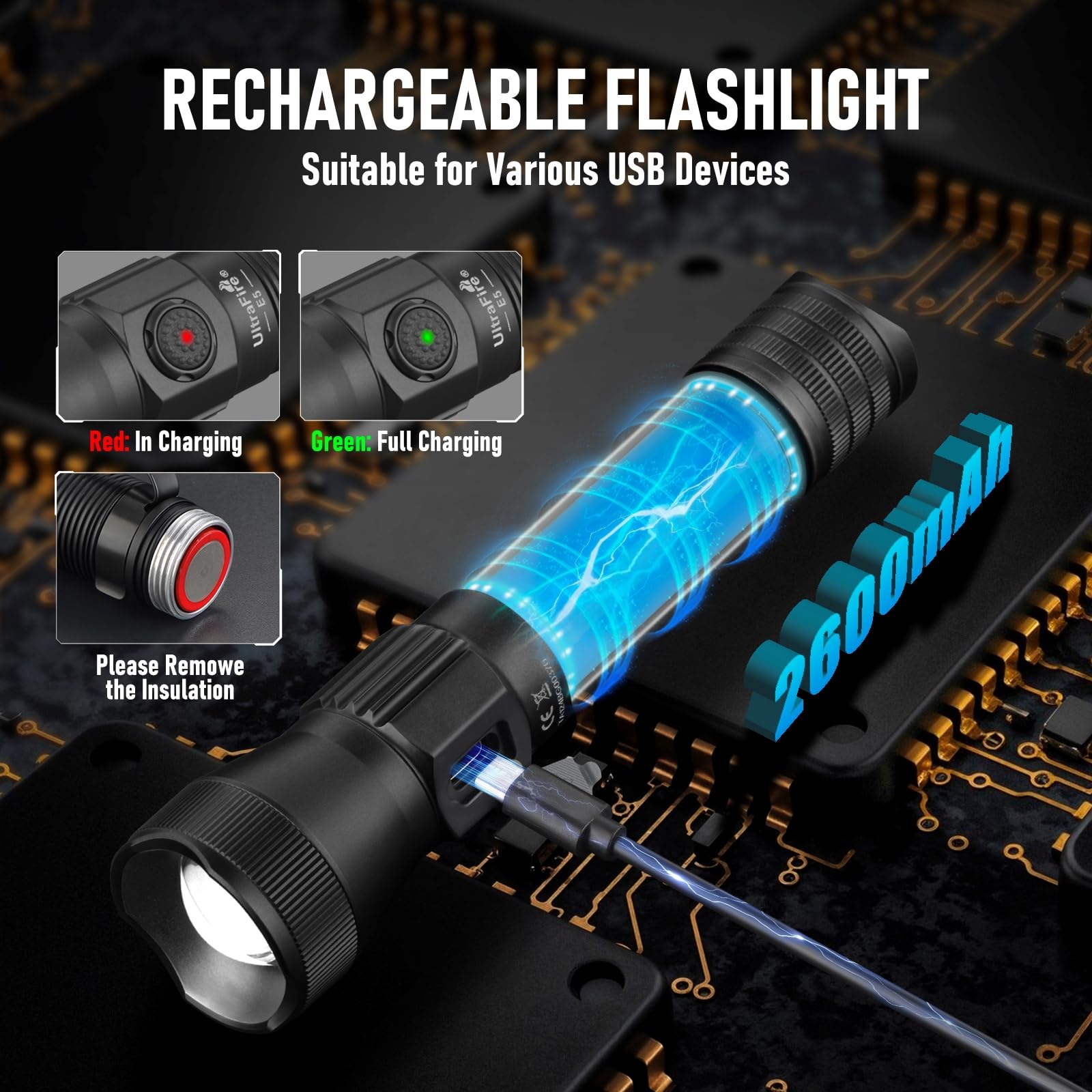 ULTRAFIRE E5 dual-switch controls enable rapid mode changes.