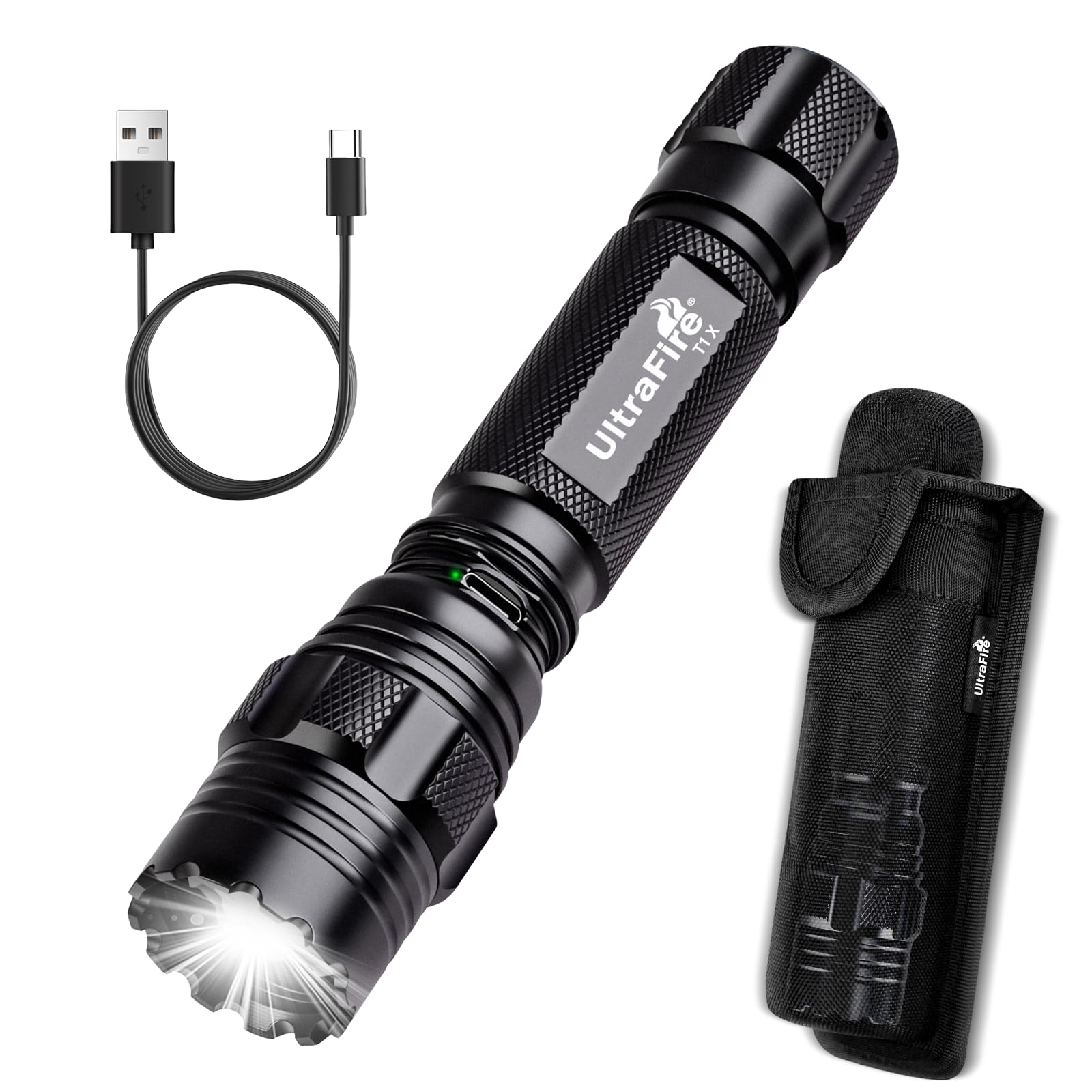 ULTRAFIRE rechargeable tactical flashlight beam delivering clear long-range visibility for patrols