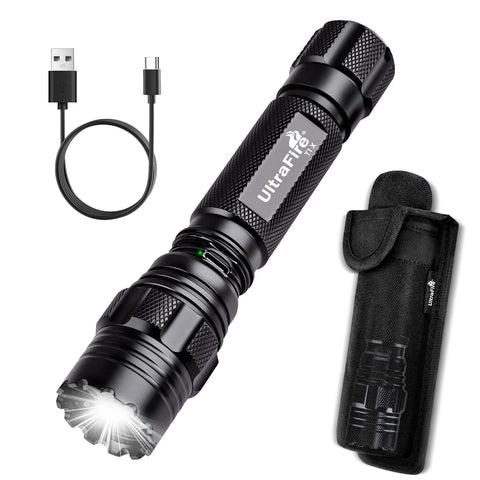 ULTRAFIRE rechargeable tactical flashlight beam delivering clear long-range visibility for patrols