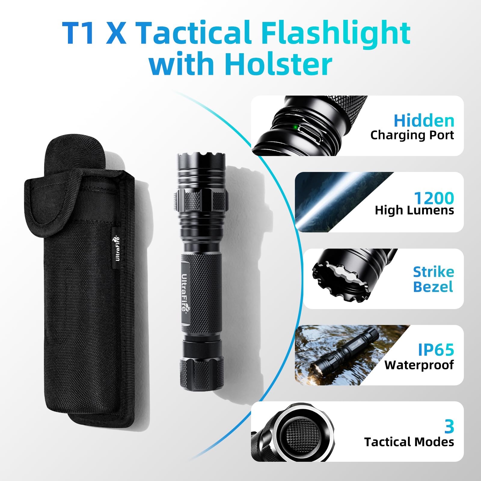 ULTRAFIRE flashlight shows hidden charging port for quick recharging in the field