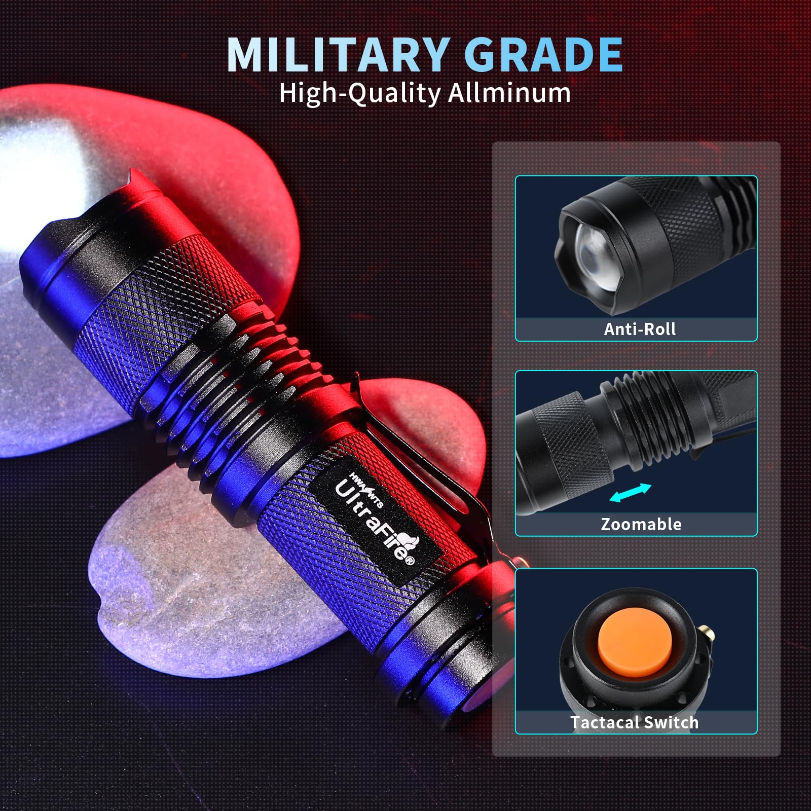 ULTRAFIRE SK68 side view highlights adjustable focus for versatile beam in any task