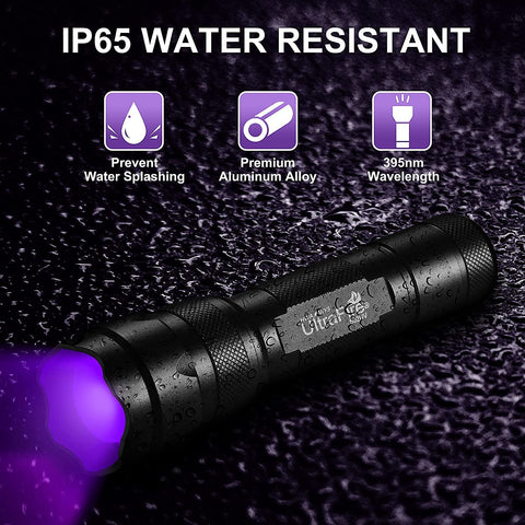 ULTRAFIRE UV flashlight IP65 rating protects against water and dust.