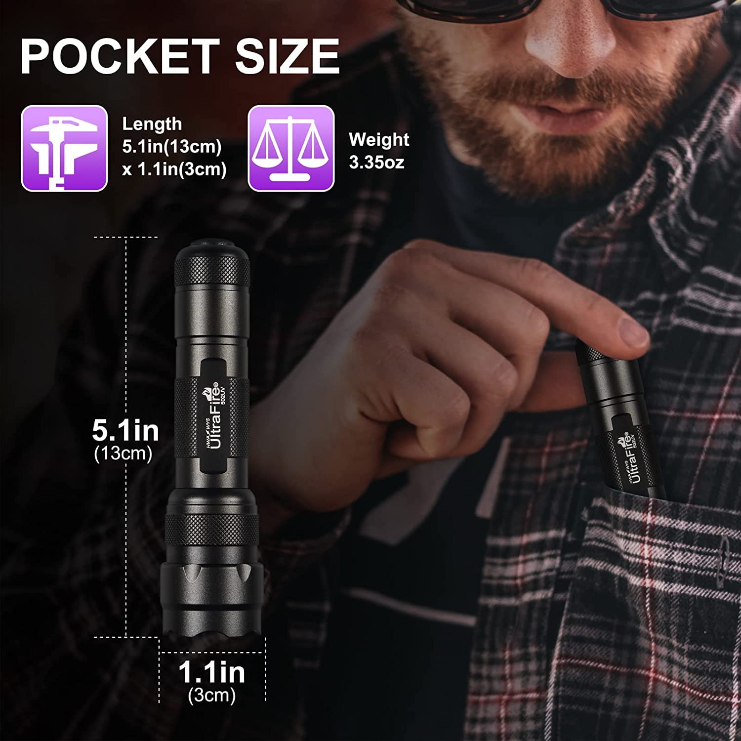 ULTRAFIRE UV flashlight metal body provides durable, non-slip grip.