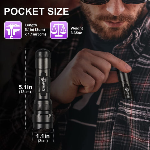 ULTRAFIRE UV flashlight metal body provides durable, non-slip grip.