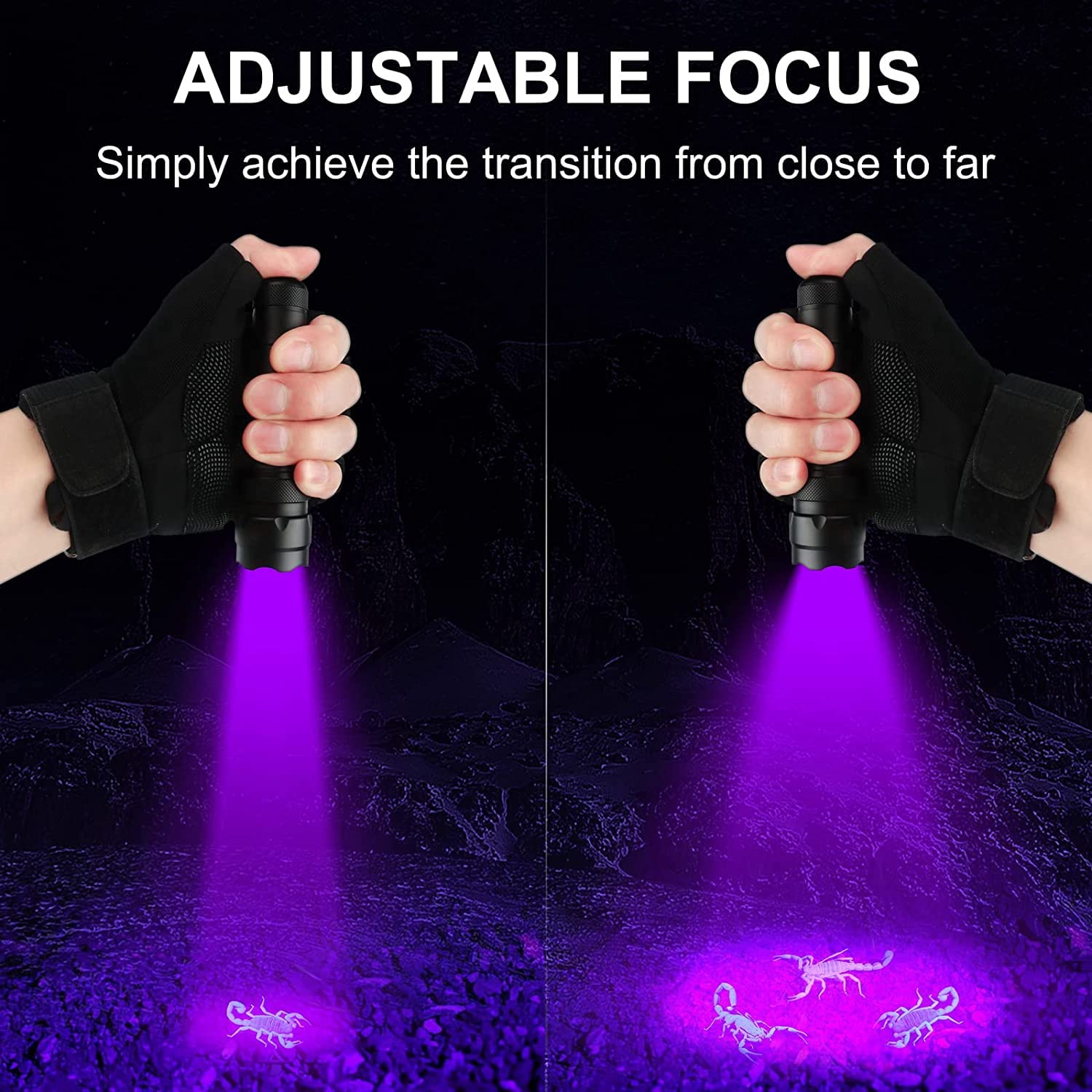 ULTRAFIRE UV flashlight with adjustable focus for scanning large areas.