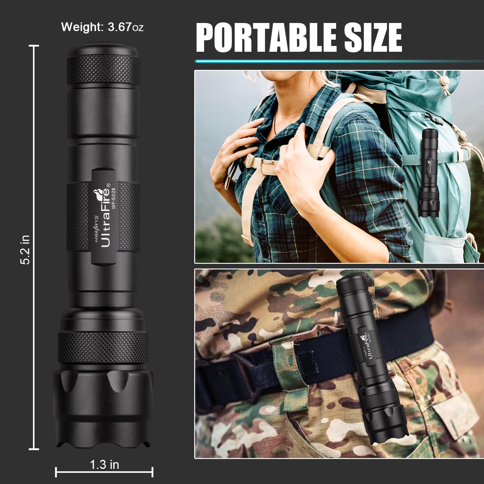 WF-502B compact pocket-size flashlight fits in bags