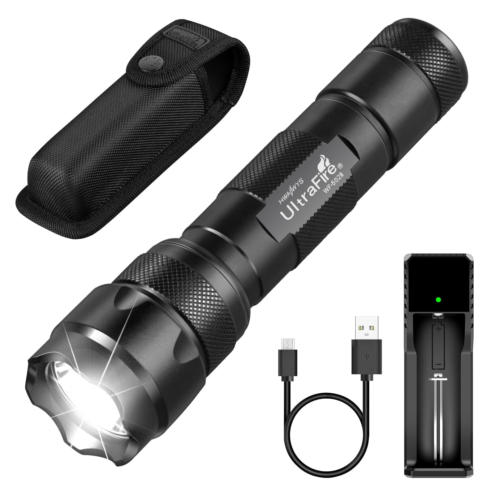 ULTRAFIRE WF-502B front view, compact rugged flashlight for outdoor illumination
