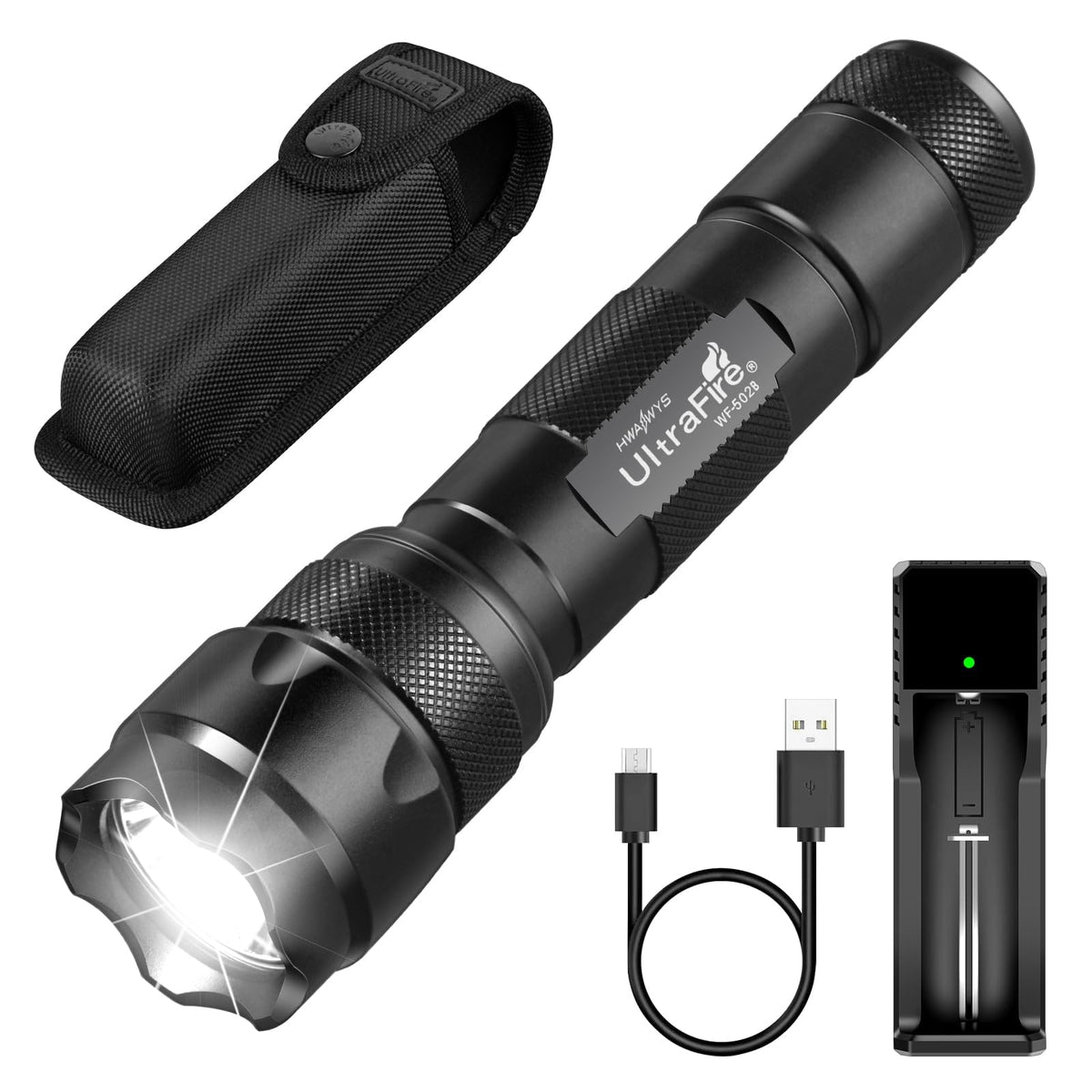 ULTRAFIRE WF-502B front view, compact rugged flashlight for outdoor illumination