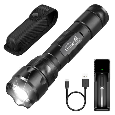 ULTRAFIRE WF-502B front view, compact rugged flashlight for outdoor illumination
