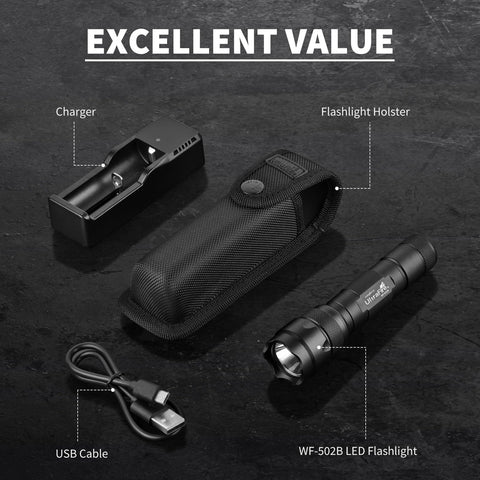 ULTRAFIRE WF-502B package with holster and charger for ready setup