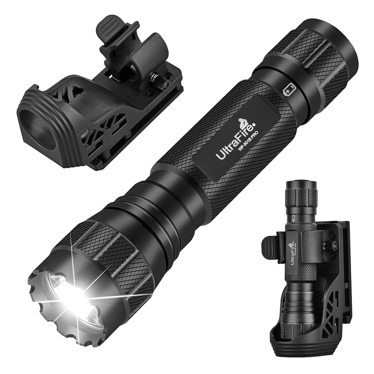 ULTRAFIRE WF-501B PRO flashlight front view showing bright 1200-lumen beam for clear night visibility.
